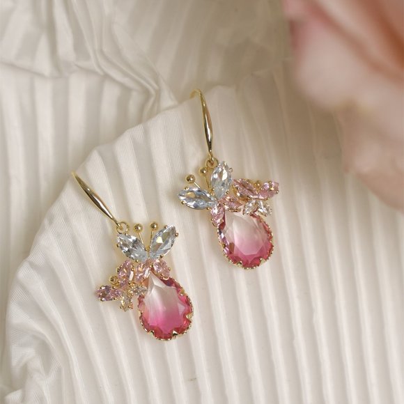 Jewelry - Zircon Rose Quartz Butterfly Drop Earrings